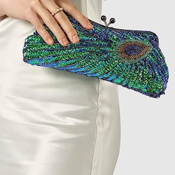 Peacock Feather 20s 30s Retro Sequin Clutch Purse Blue Green Bag Crossbody Chain - Picture 14 of 14